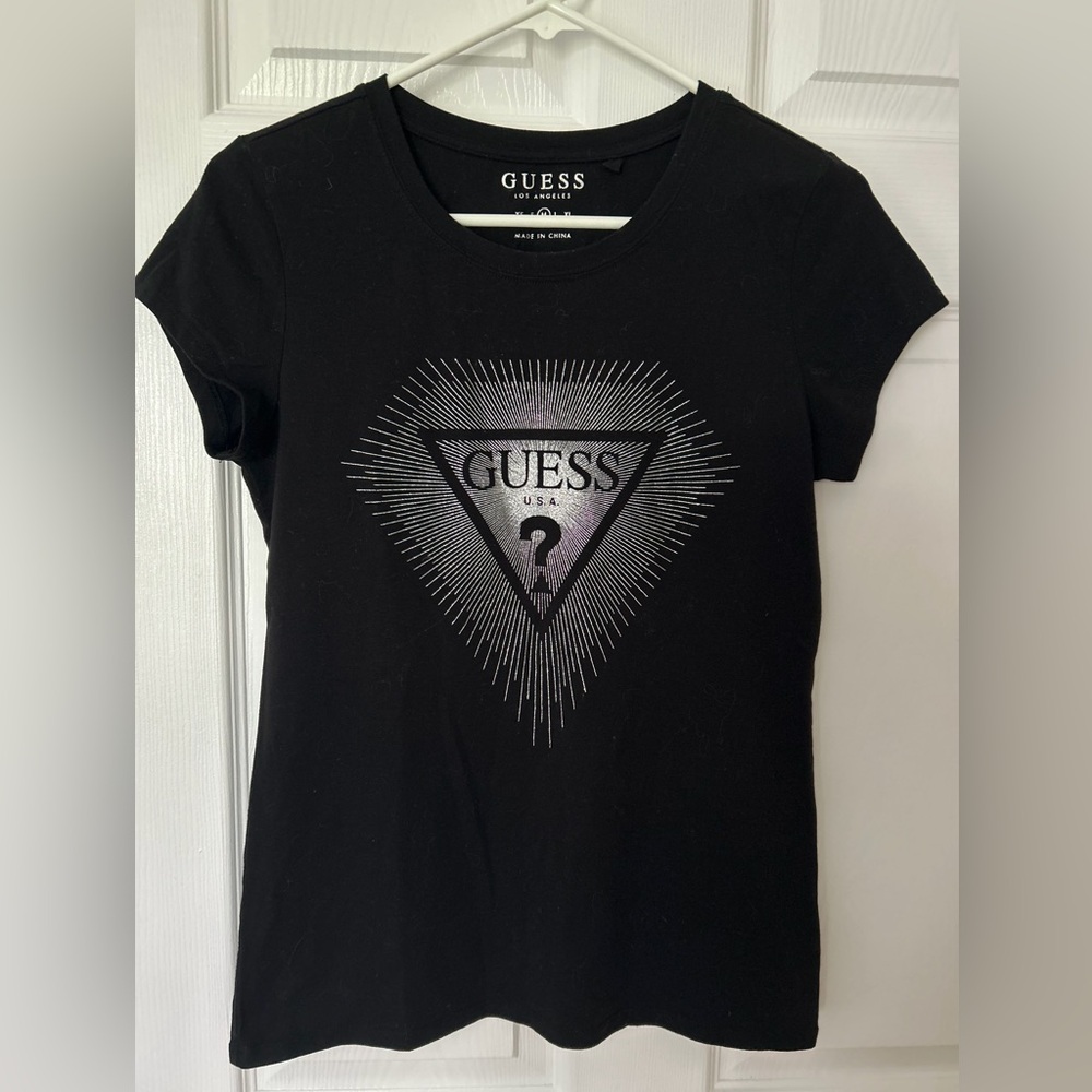 GUESS Black Short Sleeve Tee with Metallic Silver Logo